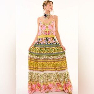 NEW ARATTA Silent Journey Drama Strap Maxi Dress in Pink Floral Yellow Multi XS